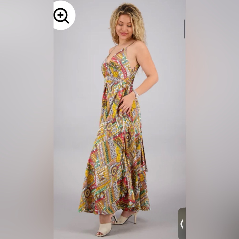 Geo Ethnic Print Silk Maxi Dress